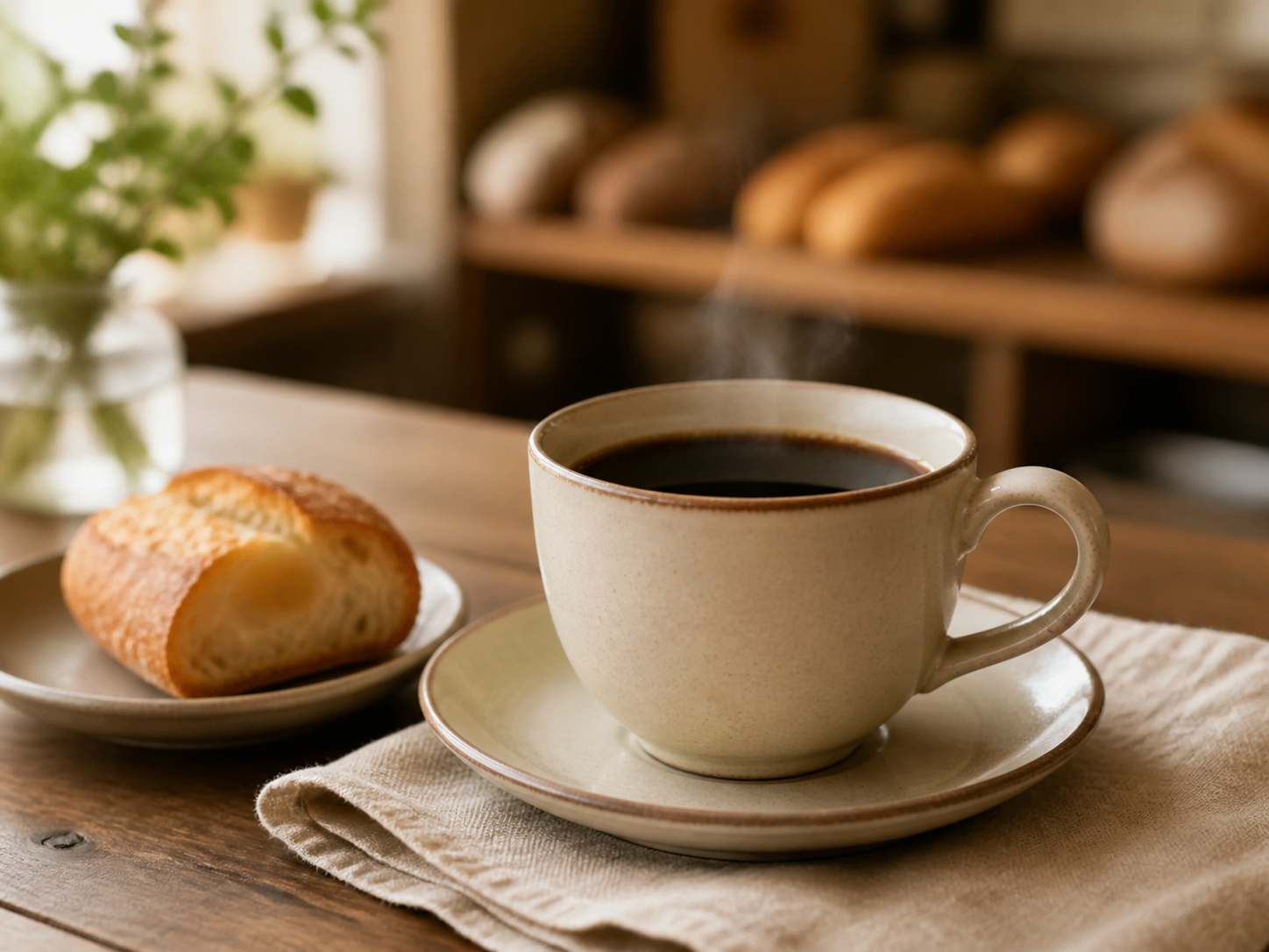 木のテーブルに置かれたブレンドコーヒー